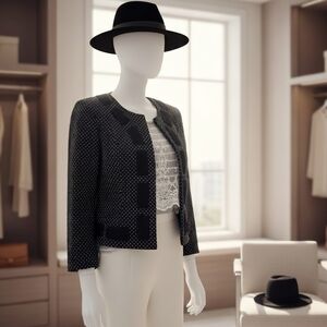 CAbi Mixed‑Print Polka Dot & Paisley Blazer – Ribbon Trim, 3/4 Sleeves Size 4